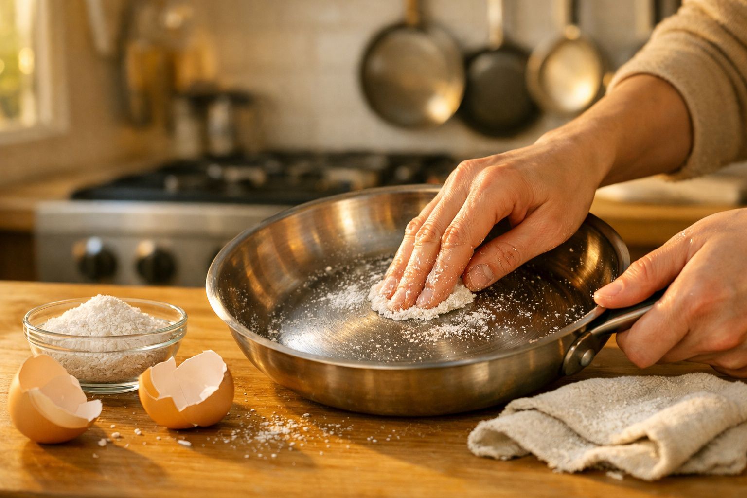 Mãos espalhando sal em frigideira de metal com tigela de farinha e cascas de ovo na bancada de cozinha.