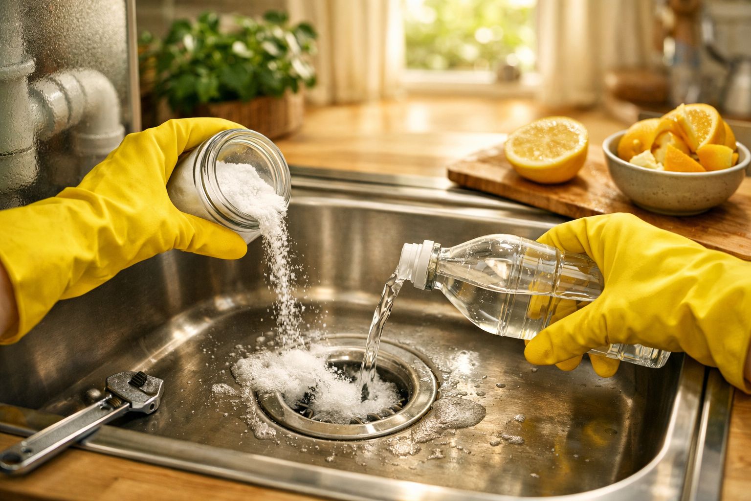 Pessoa com luvas amarelas despejando bicarbonato de sódio e vinagre na pia para limpar o ralo.