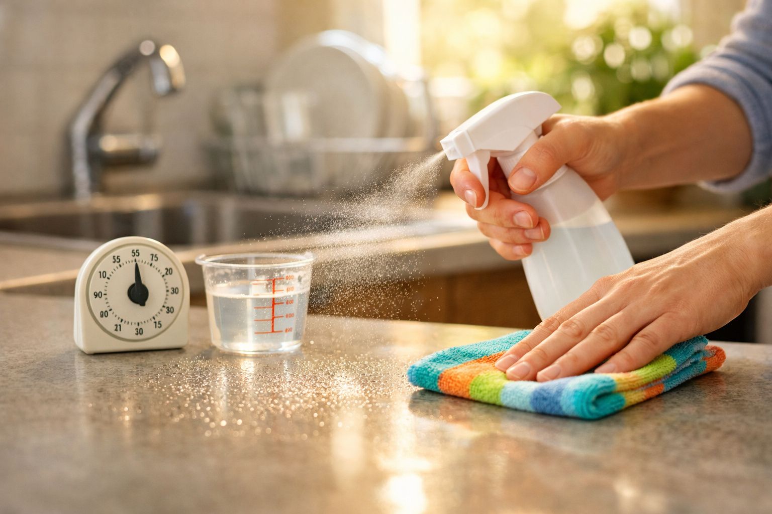 Pessoa borrifando líquido em pano colorido para limpar superfície de cozinha com timer e copo medidor ao fundo.