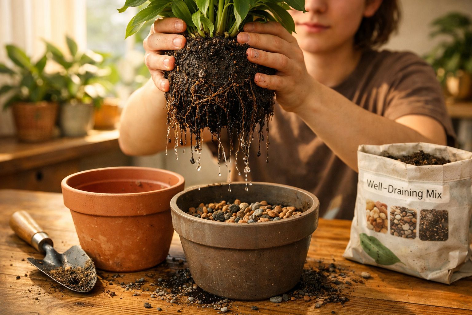 Pessoa transplantando planta com raízes molhadas para vaso com substrato drenante em mesa de madeira.