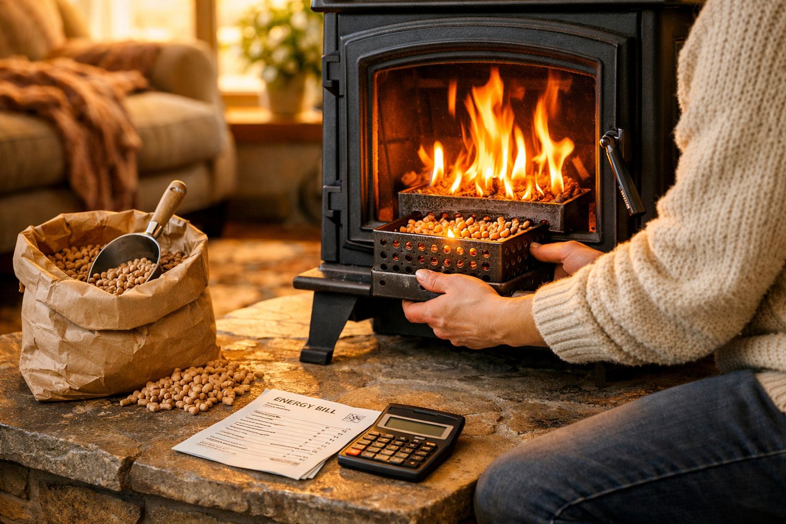 Pessoa colocando pellets em fogão a lenha, com sacola de pellets, conta de energia e calculadora na mesa.