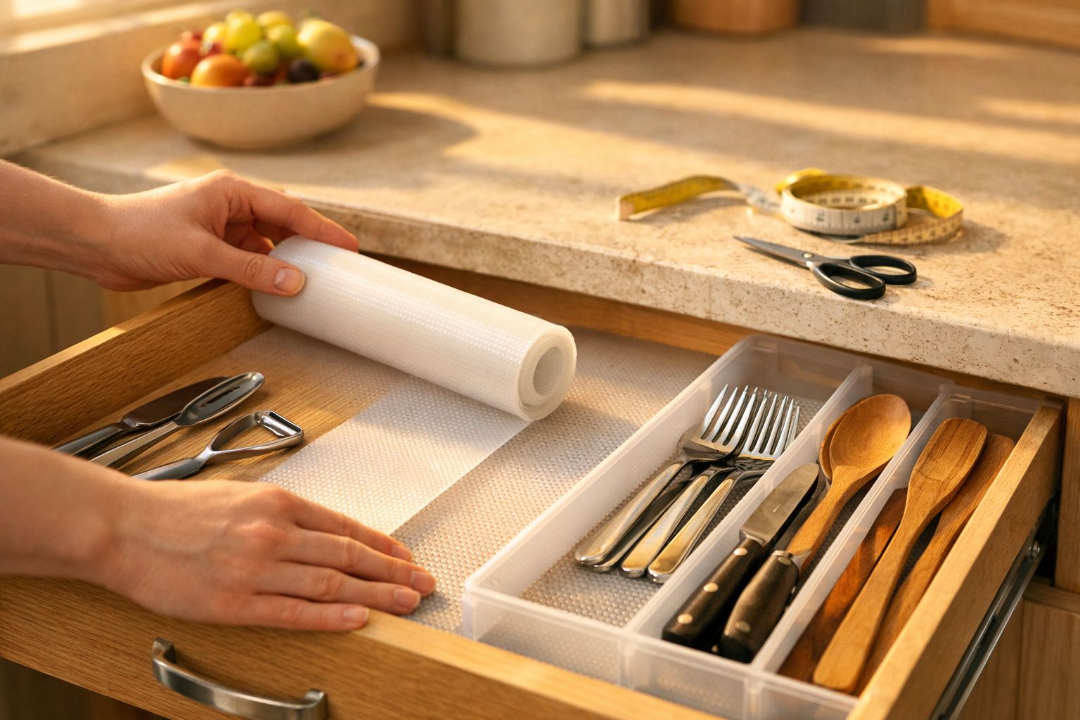Mãos colocando tapete antideslizante em gaveta organizada com talheres e utensílios de cozinha.