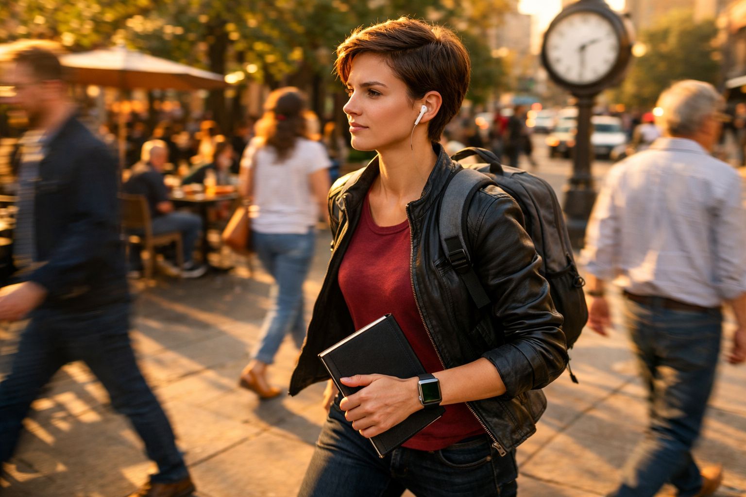 Mulher jovem com jaqueta e mochila caminhando na rua segurando livro e usando fones de ouvido sem fio.