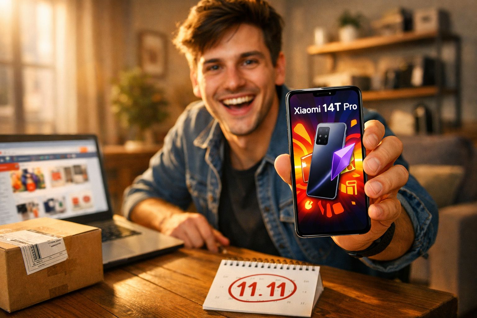 Jovem sorridente mostrando celular Xiaomi 14T Pro em ambiente interno com laptop e calendário na mesa.