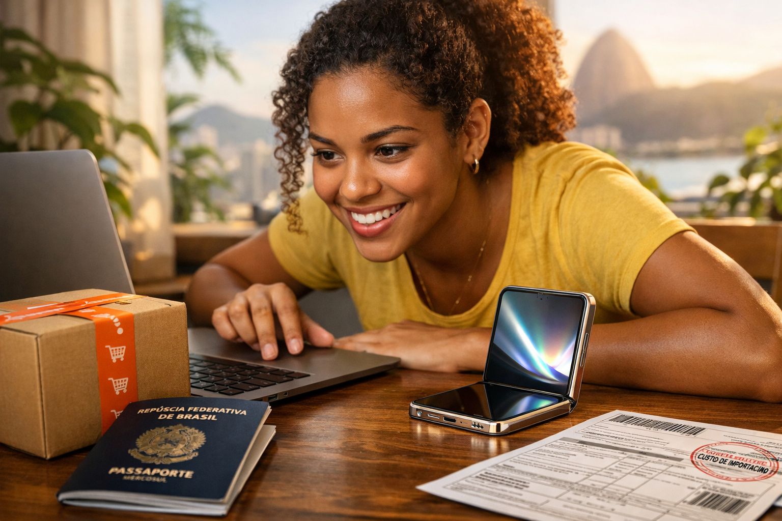 Mulher sorrindo usando laptop, com passaporte brasileiro, caixa, celular dobrável e documentos sobre a mesa.