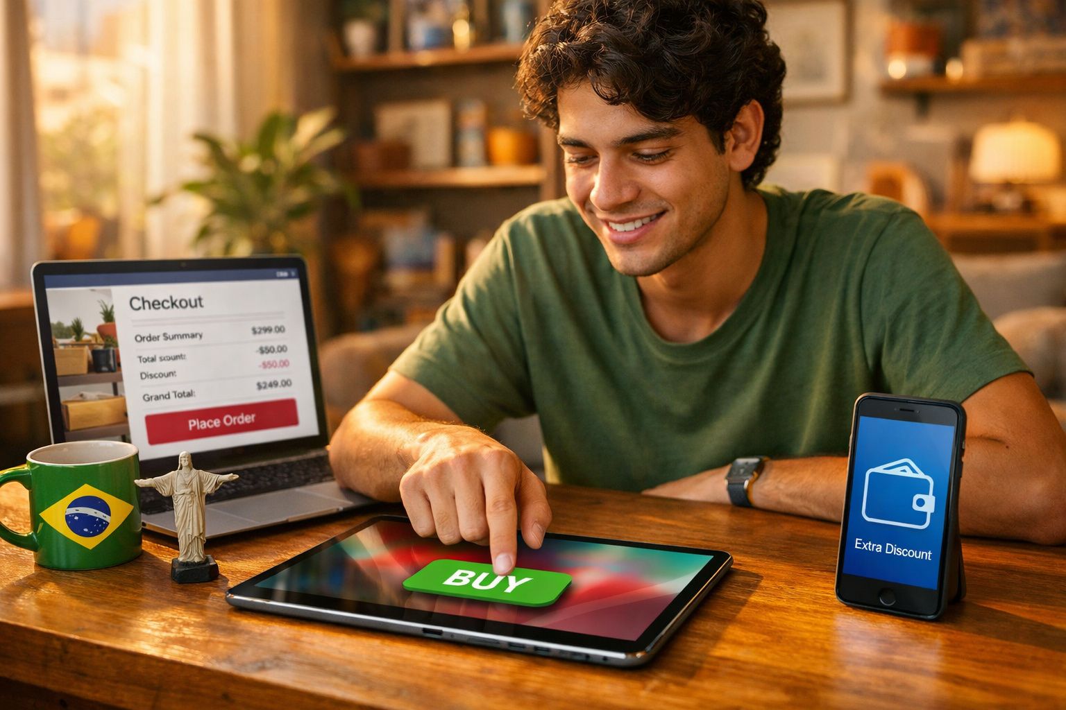 Homem sorridente faz compra online em tablet com desconto extra em celular e ícones do Brasil na mesa.