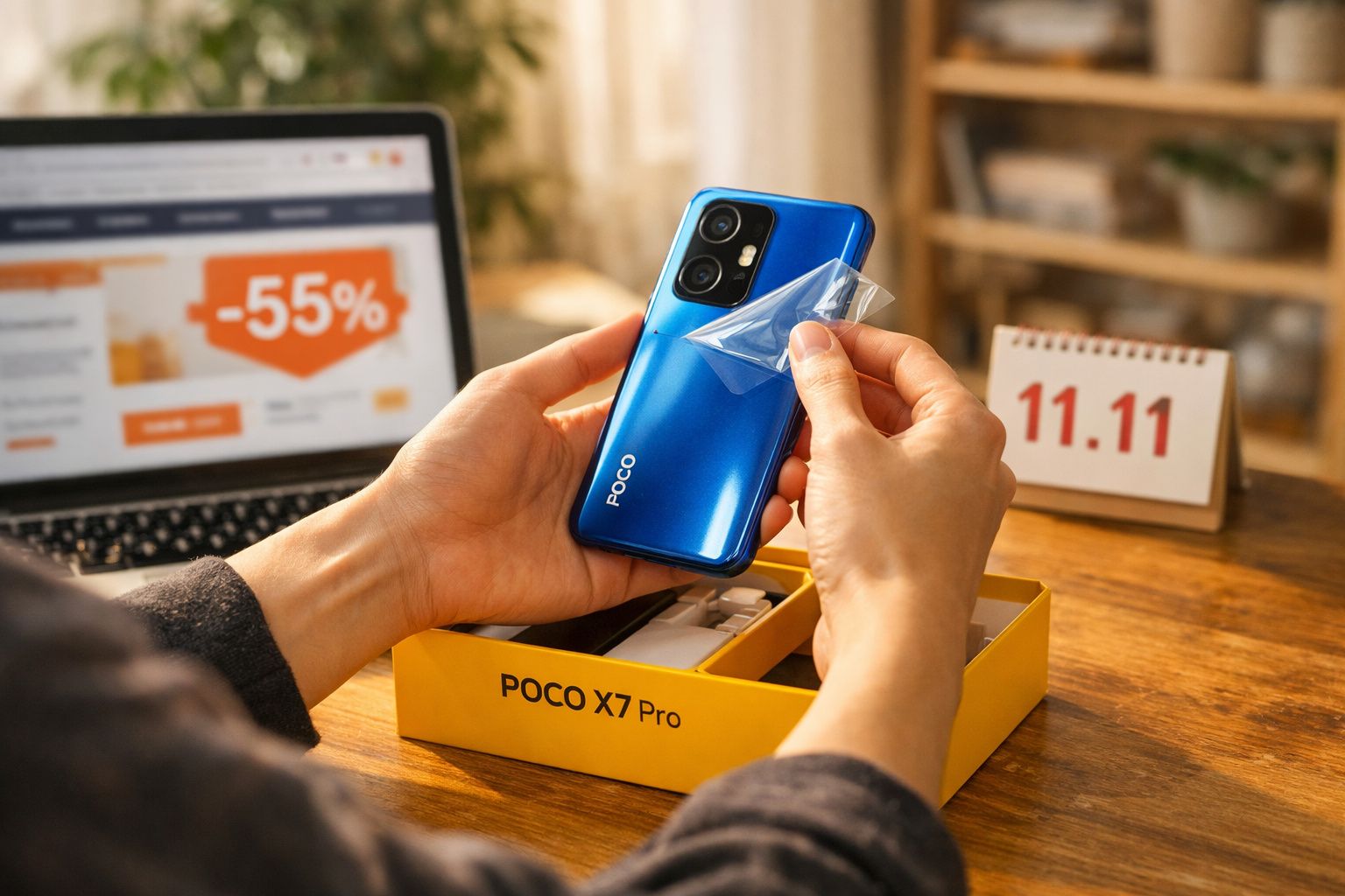 Pessoa removendo película protetora de smartphone POCO X7 Pro azul ao lado de laptop e calendário com data 11.11.