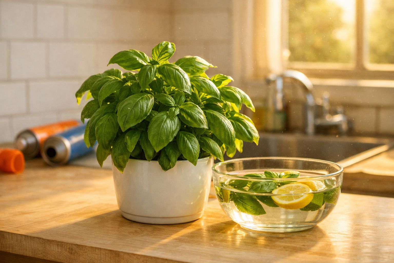 Manjericão em vaso branco ao lado de tigela com água, limão e folhas, em bancada iluminada pelo sol.