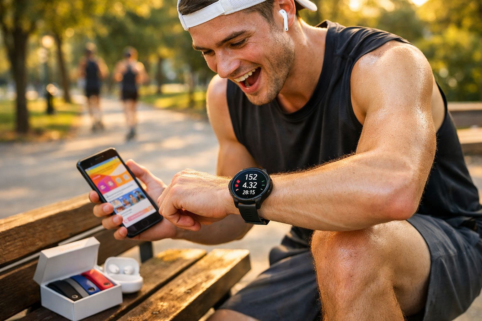 Homem sorridente verificando relógio esportivo e celular após corrida no parque.