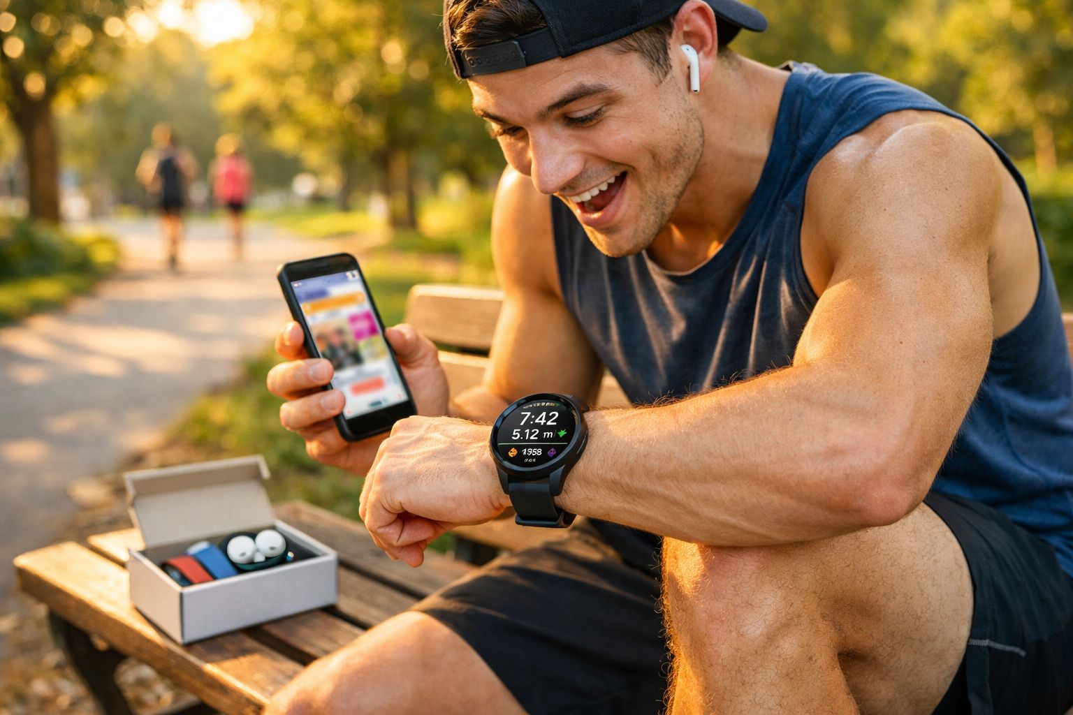Homem sorridente sentado em banco de parque, olhando para relógio esportivo enquanto segura celular.