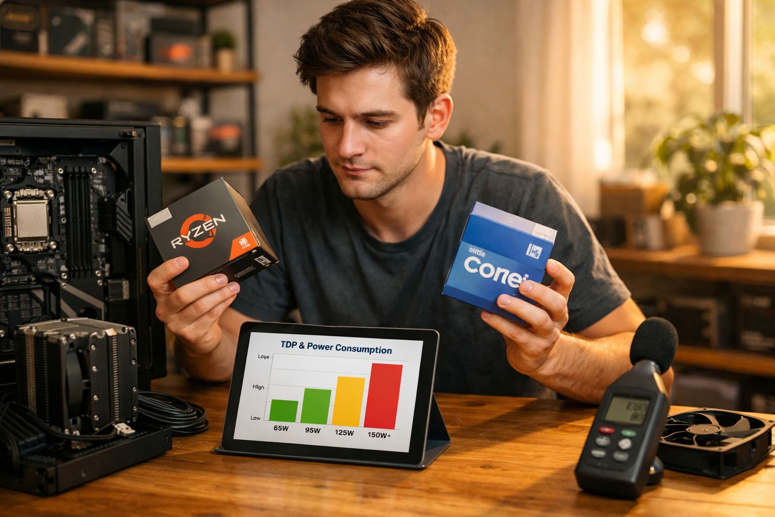 Homem analisa processadores Ryzen e Intel ao lado de gráfico de consumo de energia em tablet.