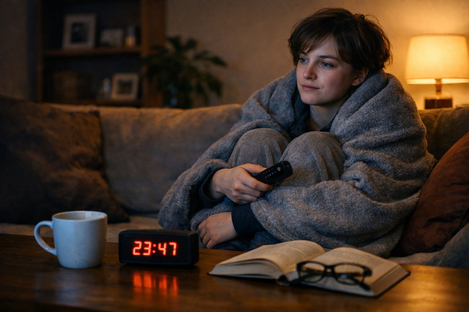 Mulher com roupão cinza sentada no sofá à noite, segurando controle remoto, com relógio e livro à frente.