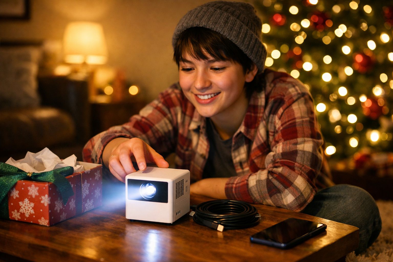 Jovem sorridente usando touca aciona mini projetor em mesa com presente de Natal, árvore e luzes ao fundo.