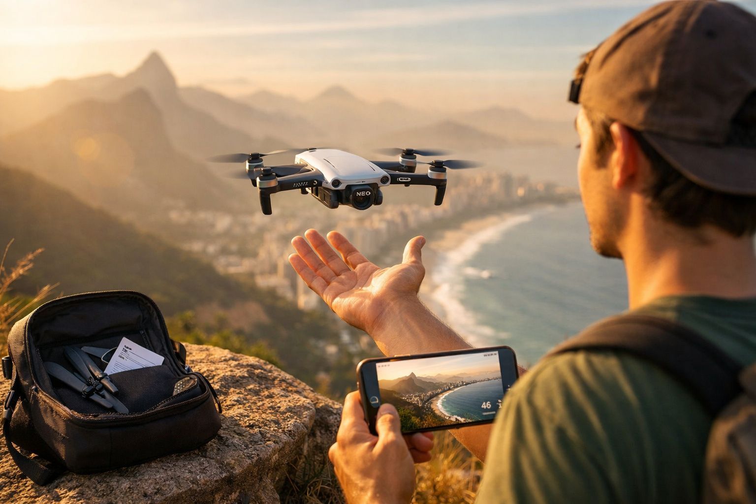 Homem controlando drone com smartphone em mirante com vista para praia e cidade ao pôr do sol.