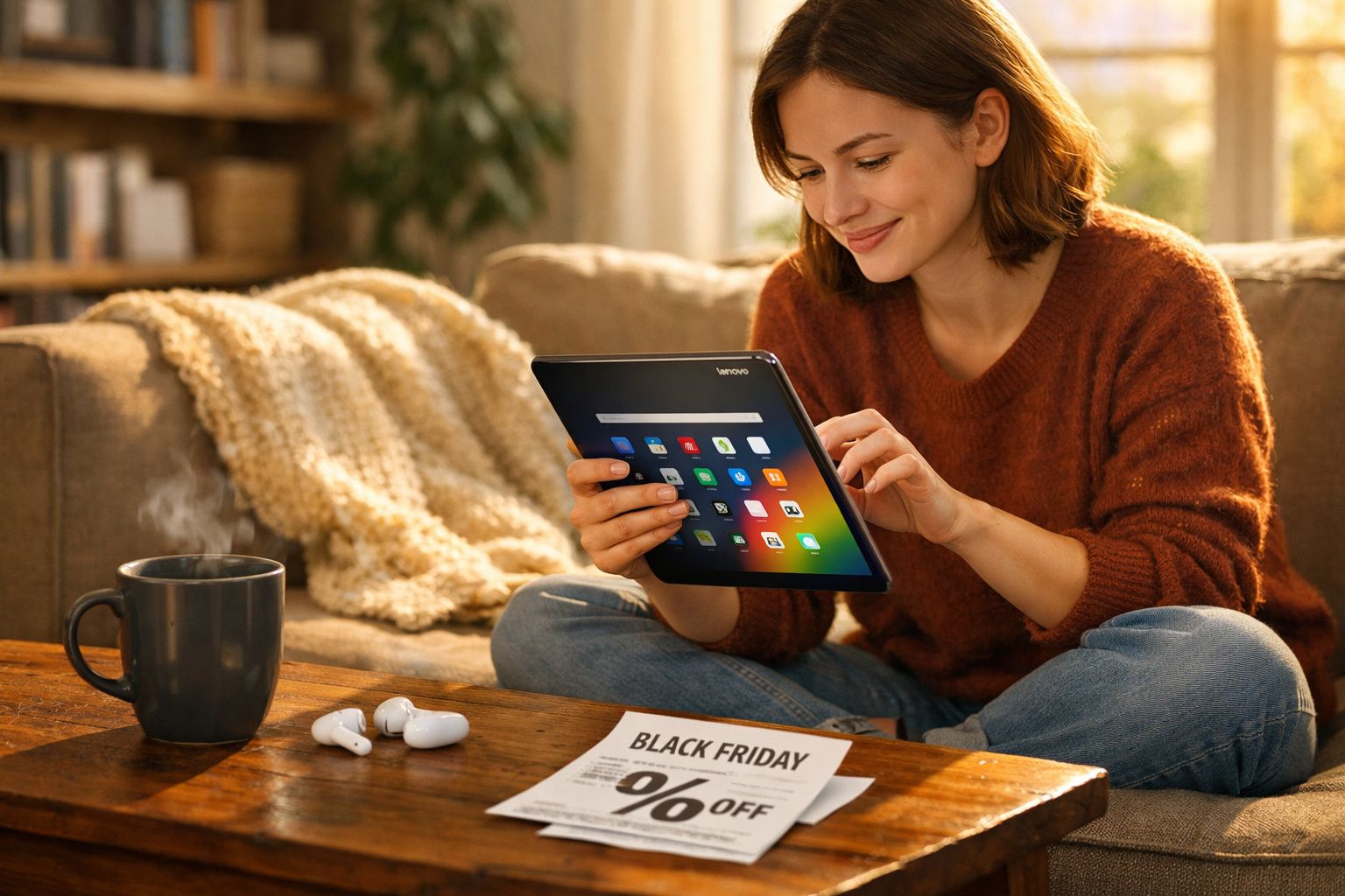 Mulher sentada no sofá usando tablet, com xícara de café, fones e cupom de desconto na mesa.