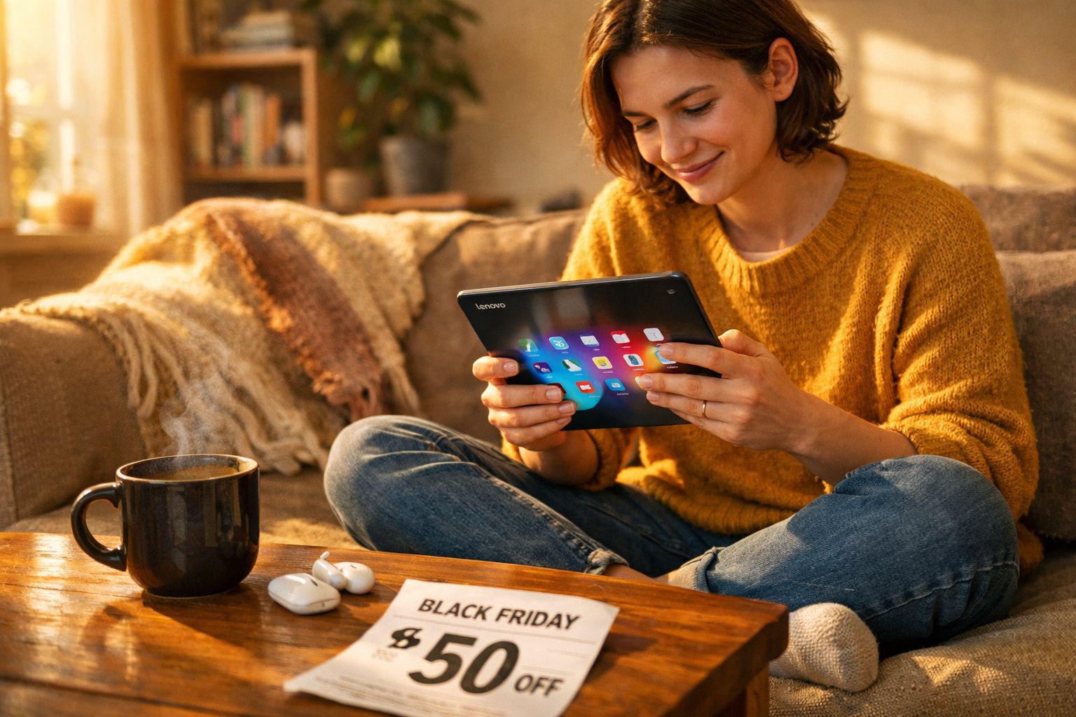 Mulher sorrindo sentada no sofá com tablet em mãos, mesa com chávena e etiqueta de promoção Black Friday.