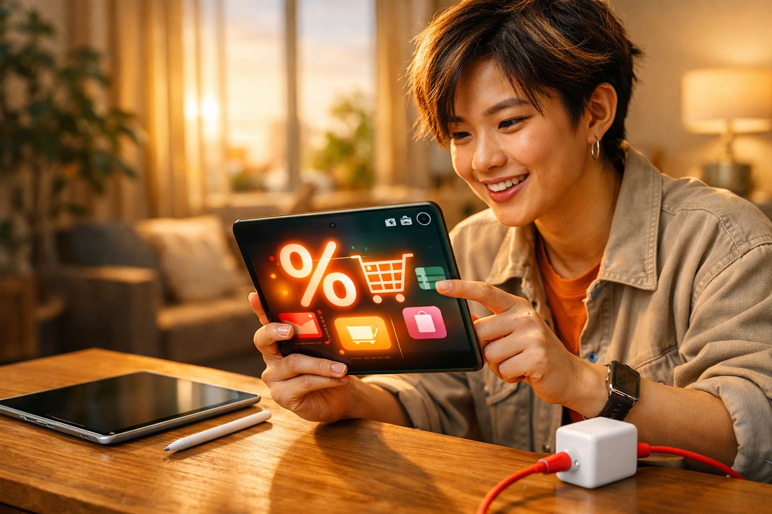 Pessoa sorridente usando tablet para compras online com ícones de desconto e carrinho em destaque.