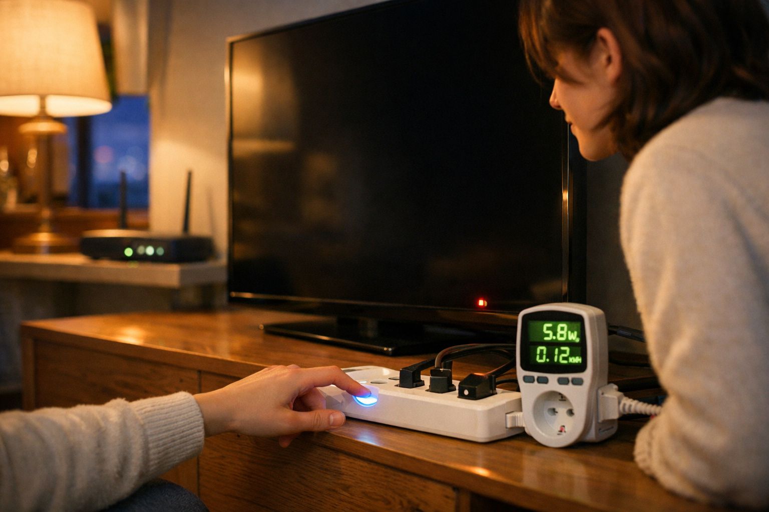 Pessoa pressionando botão em régua de energia com medidor digital em ambiente interno à noite.