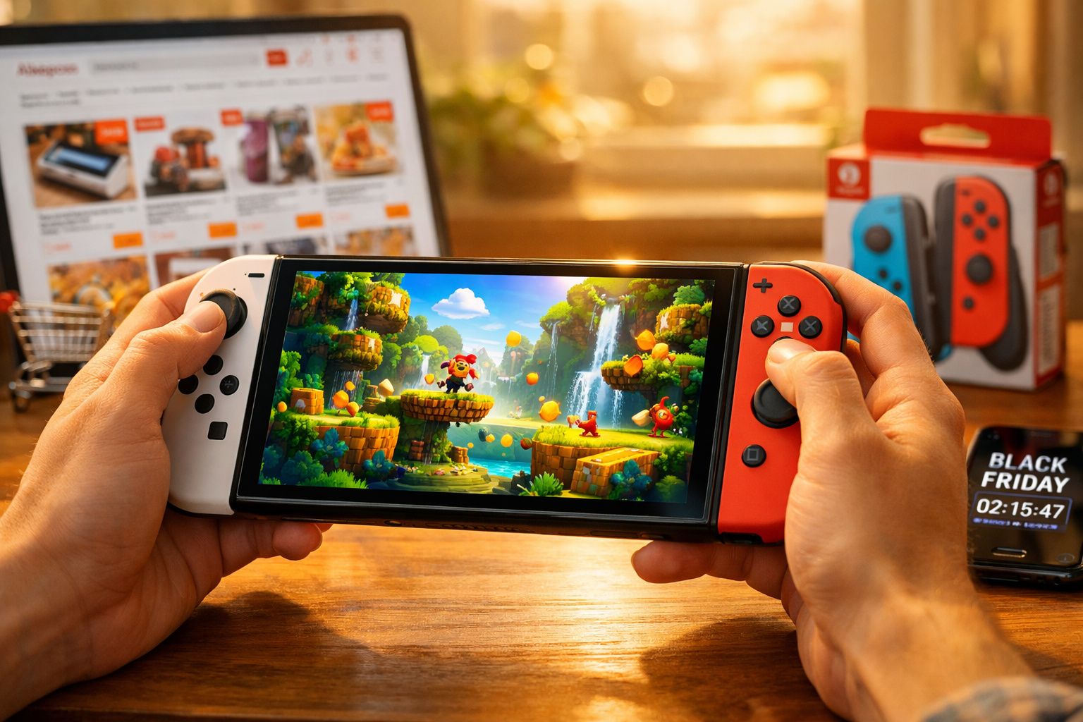 Pessoa segurando console Nintendo Switch com jogo colorido na tela em ambiente com smartphone mostrando contagem regressiva p