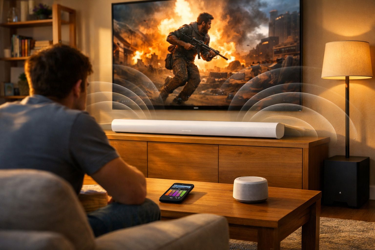 Homem assistindo filme de ação com soundbar, subwoofer e assistente de voz na sala aconchegante.
