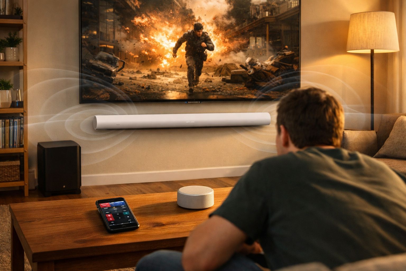 Homem assistindo ação explosiva na TV com soundbar, subwoofer e controle por dispositivo móvel numa sala.