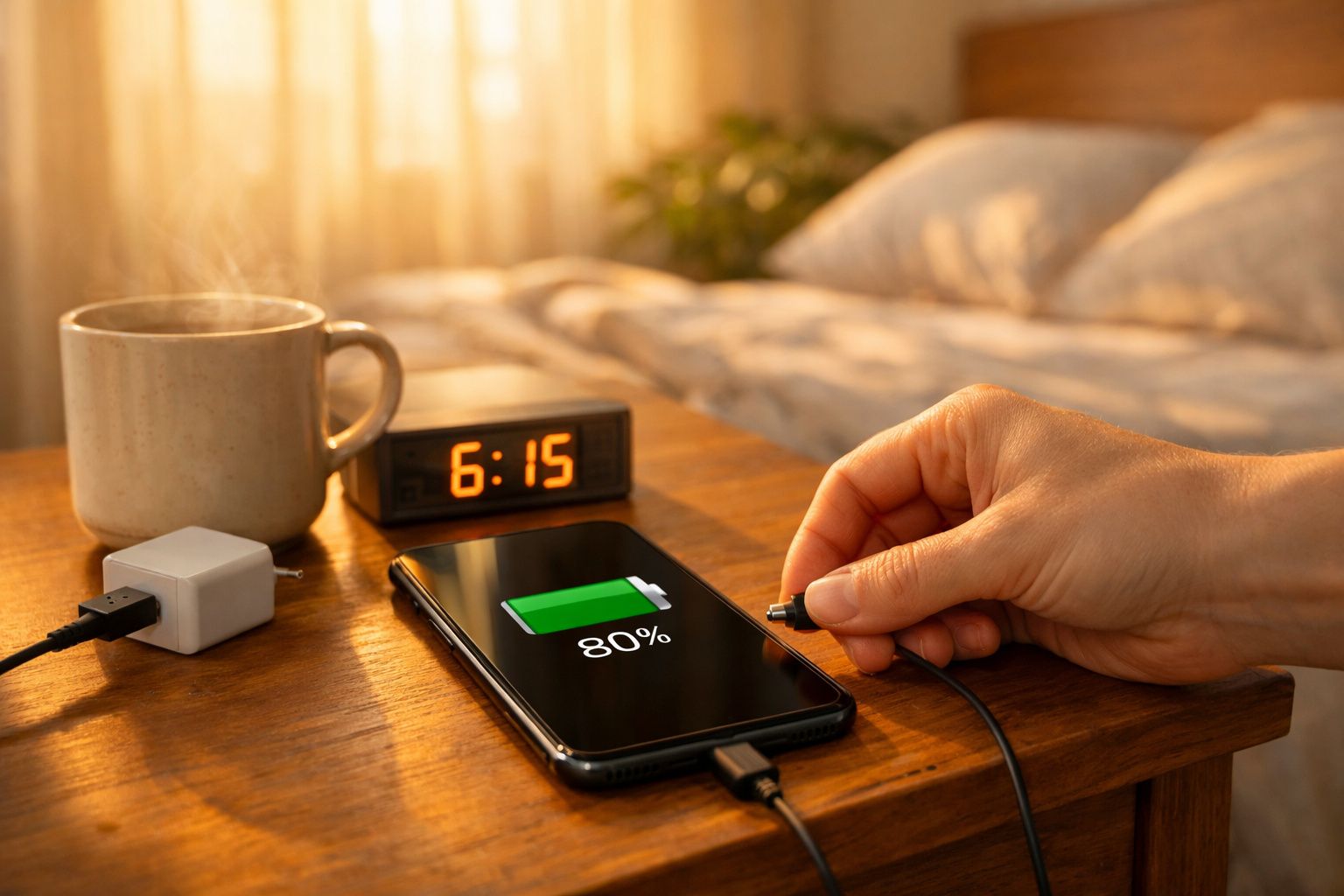 Mão conectando cabo para carregar celular na mesinha ao lado de cama, com xícara e relógio marcando 6:15.