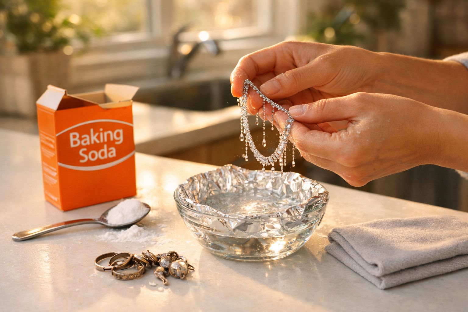 Mãos seguram colar para limpeza com bicarbonato, ao lado de tigela com água, caixa de bicarbonato e joias sobre bancada.