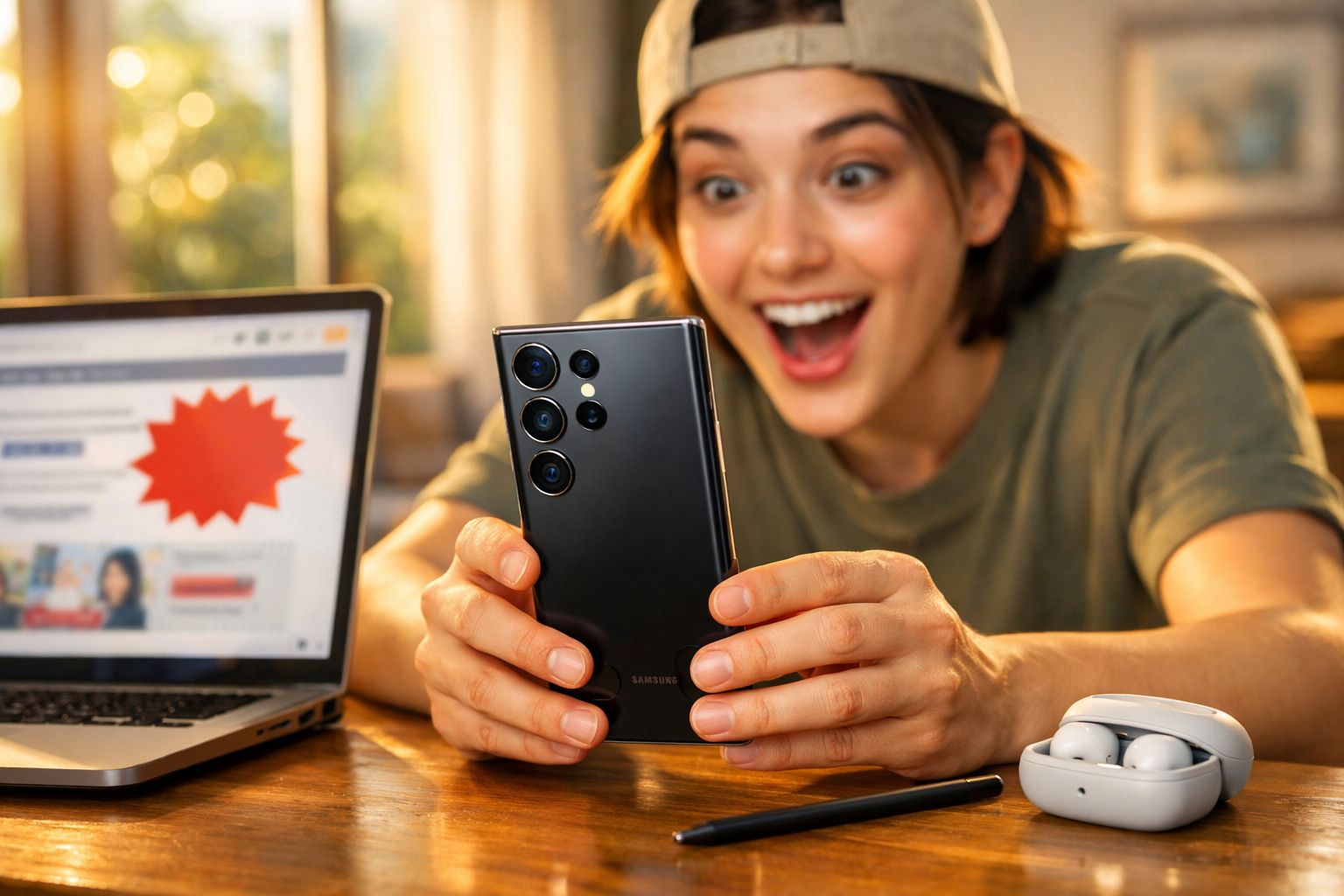 Jovem sorridente segurando smartphone Samsung, com notebook aberto e fones de ouvido sobre mesa.