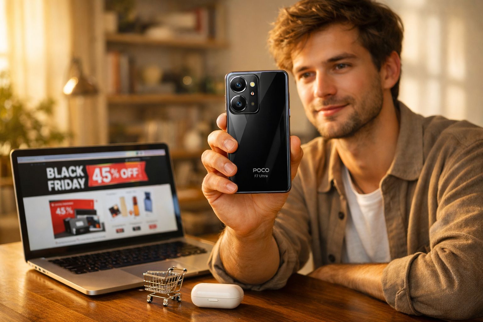 Homem segura celular Poco F7 Ultra preto com laptop mostrando promoção de Black Friday ao fundo.