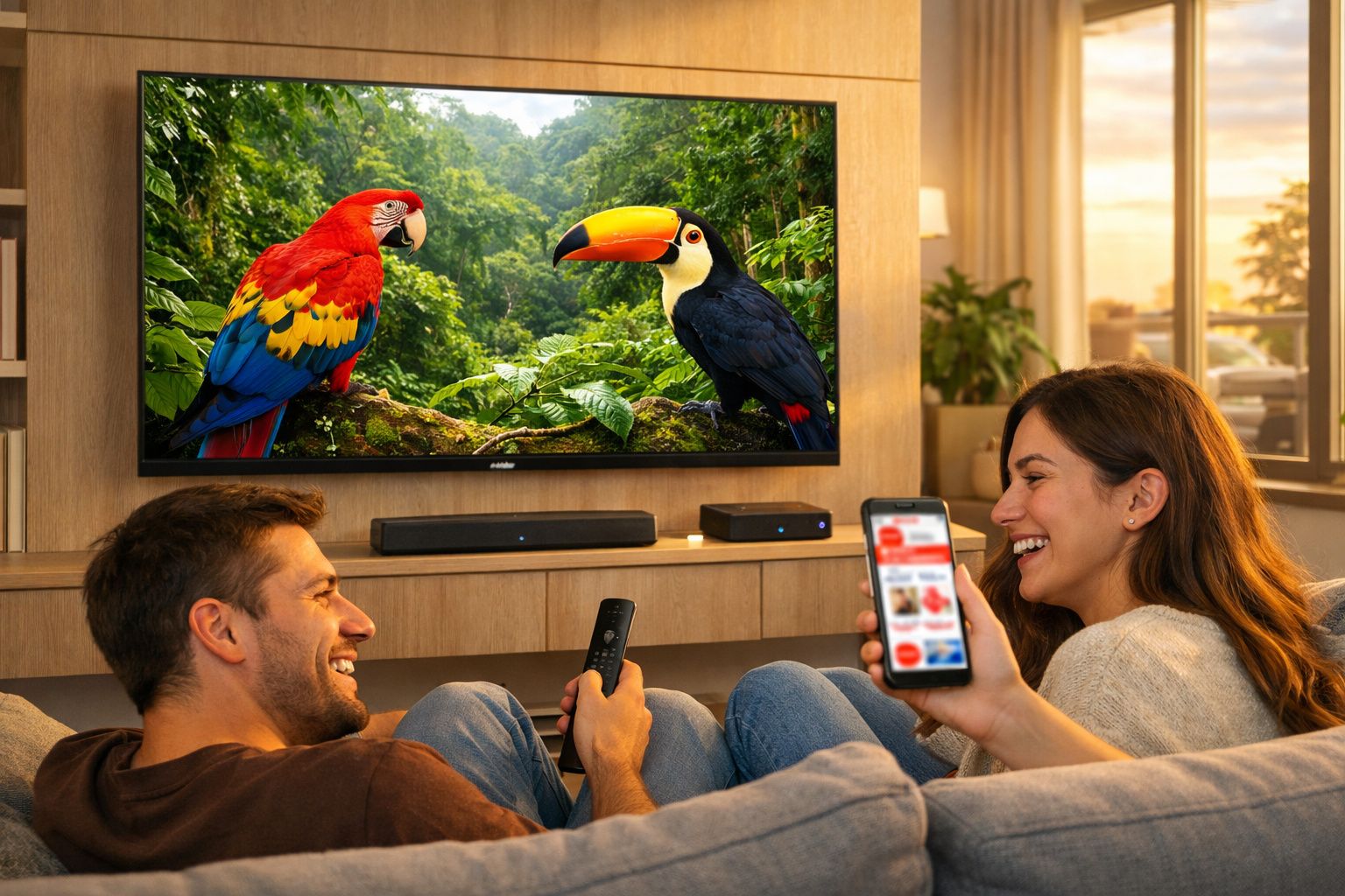 Casal sorridente assistindo TV com imagem de arara e tucano na tela em sala aconchegante.