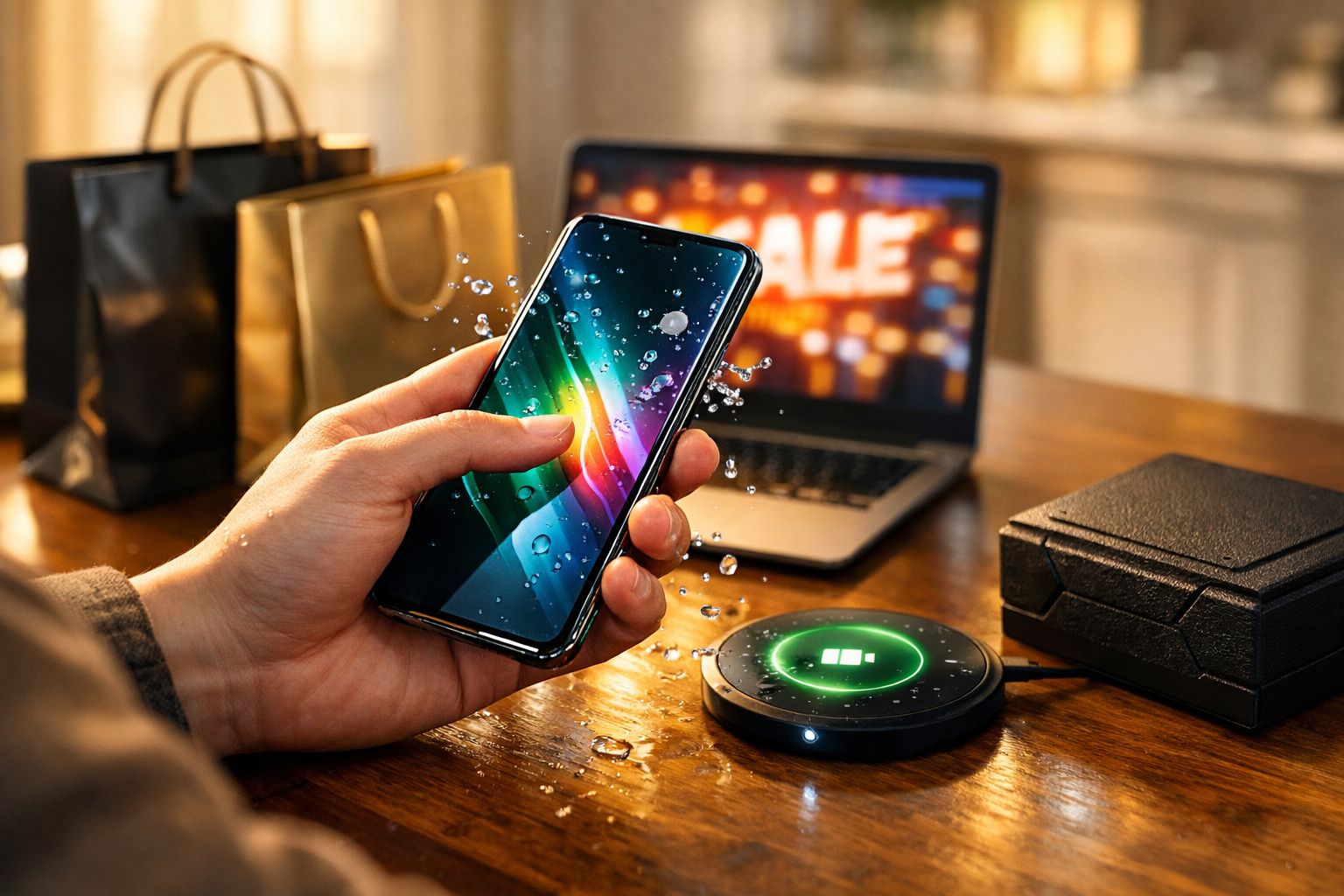 Pessoa segurando celular molhado próximo a carregador sem fio com laptop e sacolas ao fundo.