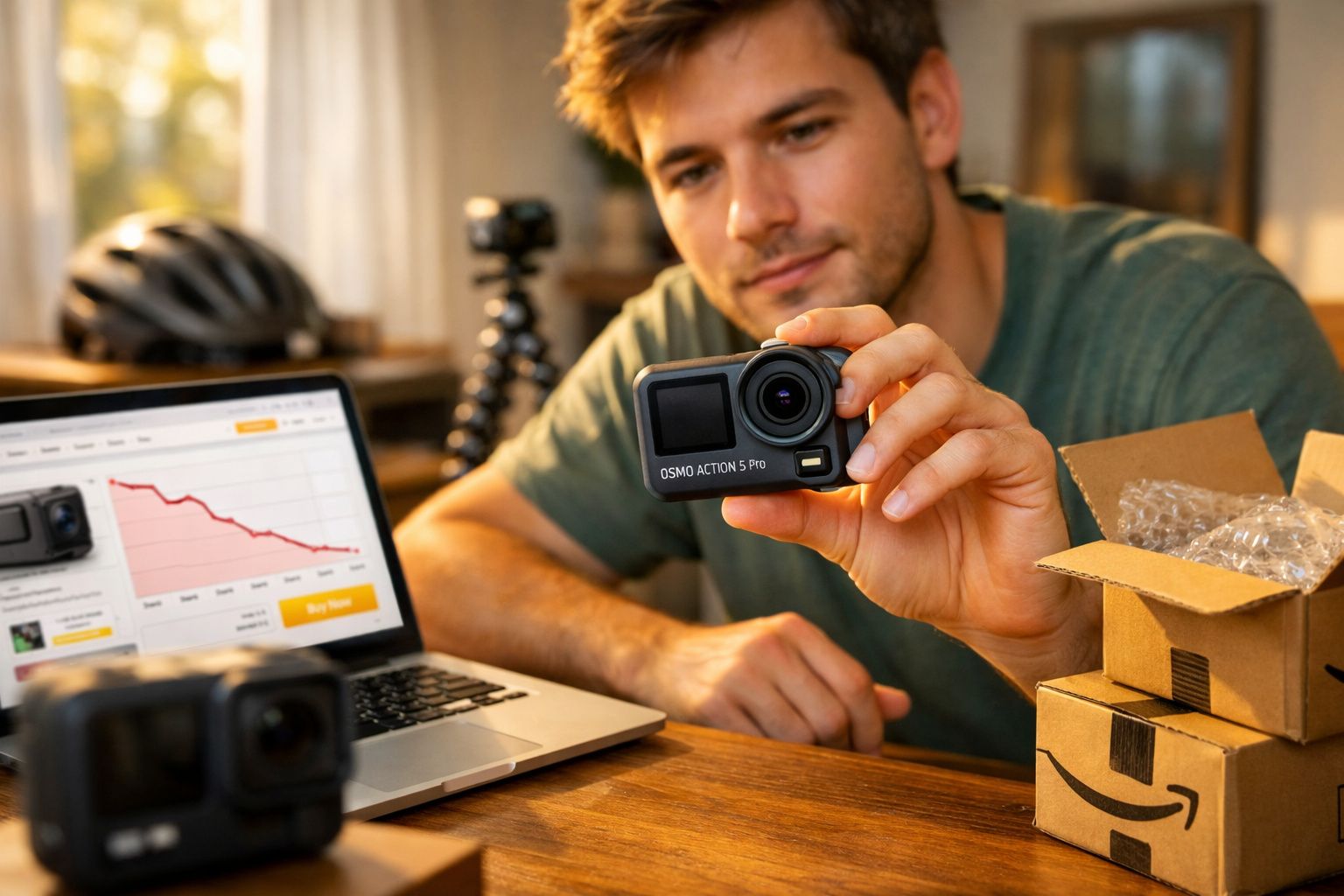 Homem segurando câmera Osmo Action 5 Pro próximo a laptop com gráfico e caixas de entregas em mesa.