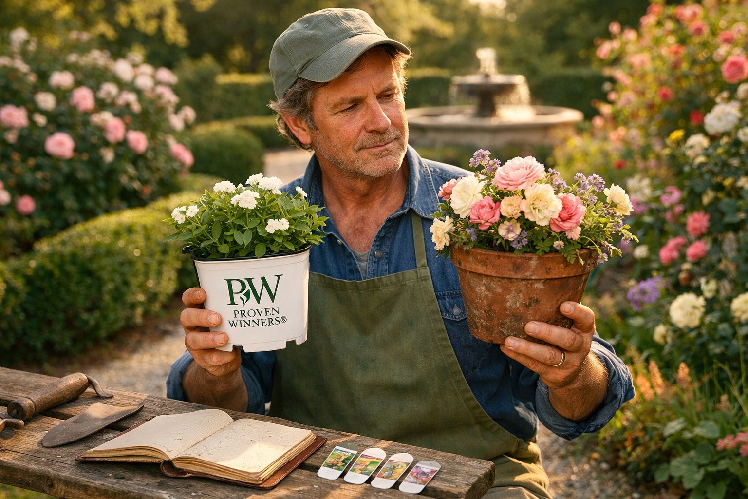 Homem com avental verde segurando dois vasos de flores em jardim florido ao ar livre.