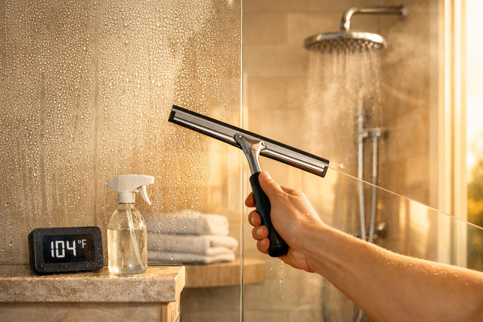 Pessoa limpando vidro de box de banheiro com espátula, digital mostra temperatura de 104°F e borrifador transparente.