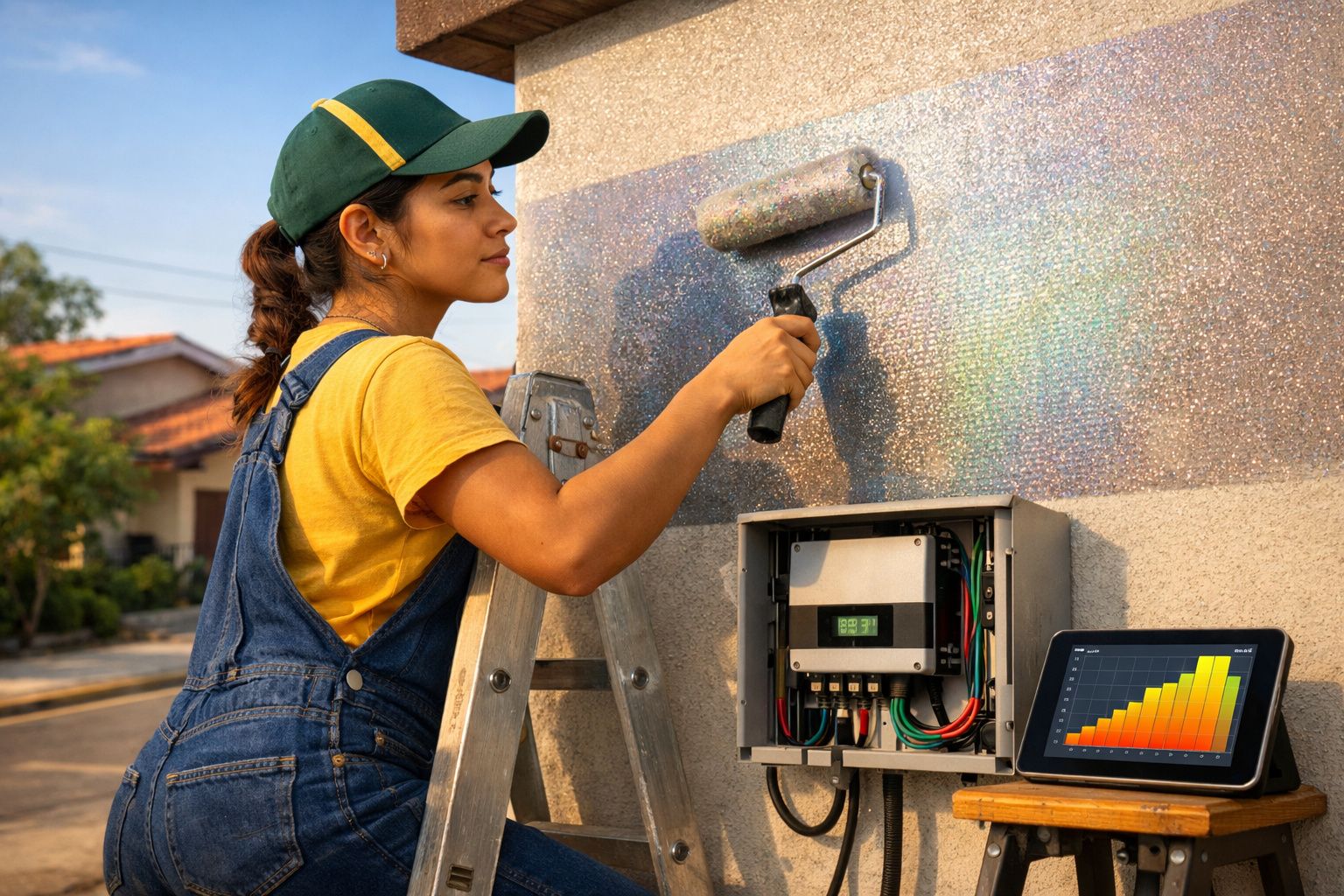 Mulher com boné e macacão pinta parede externa próxima a caixa de controle e tablet com gráfico colorido.