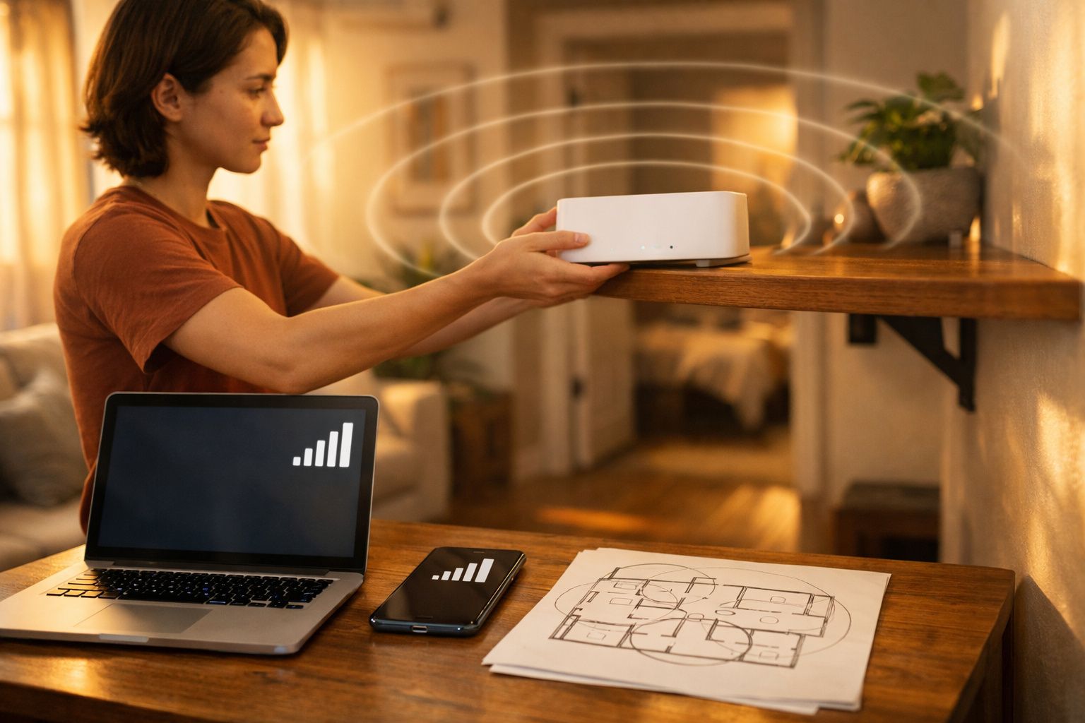 Pessoa ajusta roteador Wi-Fi próximo a laptop e celular com sinal forte em ambiente interno acolhedor.