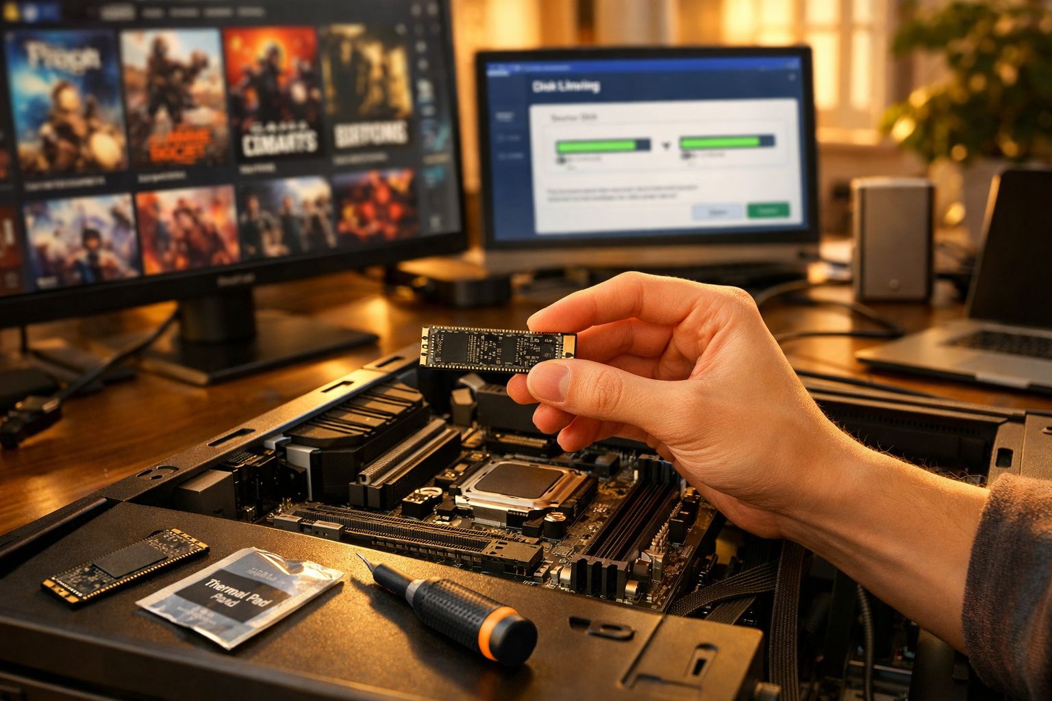 Mão inserindo SSD em computador aberto com monitores ao fundo exibindo jogos e software.