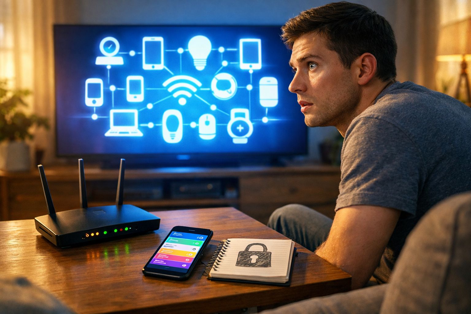 Homem olhando para tela com ícones de internet, com roteador, celular e bloco de notas com desenho de cadeado.
