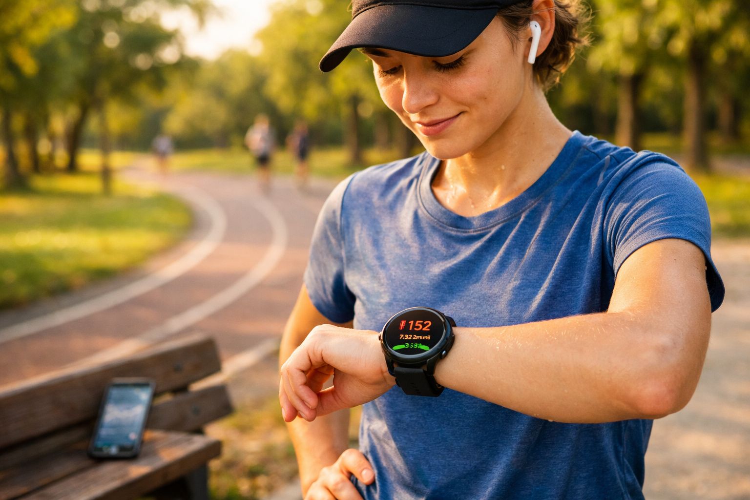 Mulher em roupa esportiva consultando relógio inteligente em pista de corrida ao ar livre.