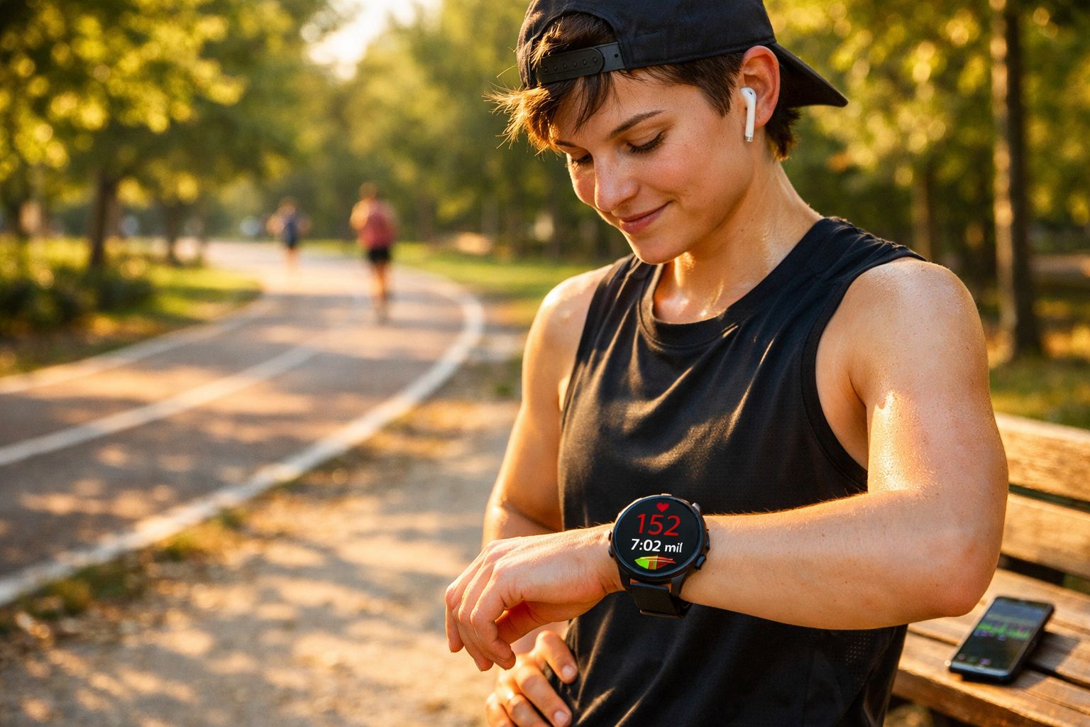 Pessoa sorridente com roupa esportiva conferindo o relógio inteligente durante corrida em parque ao entardecer.
