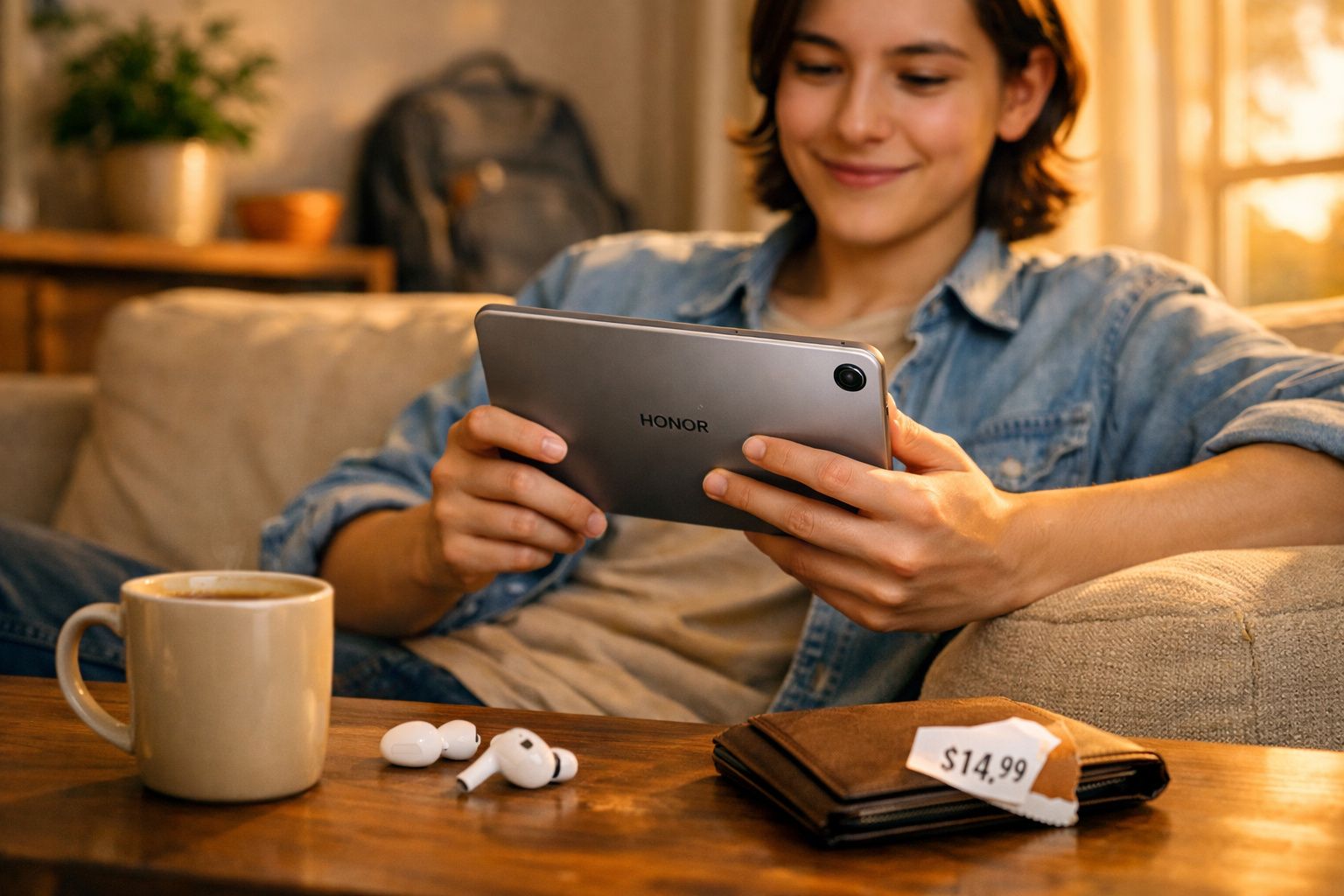 Jovem sentado no sofá usando tablet Honor com fones e café na mesa à frente.