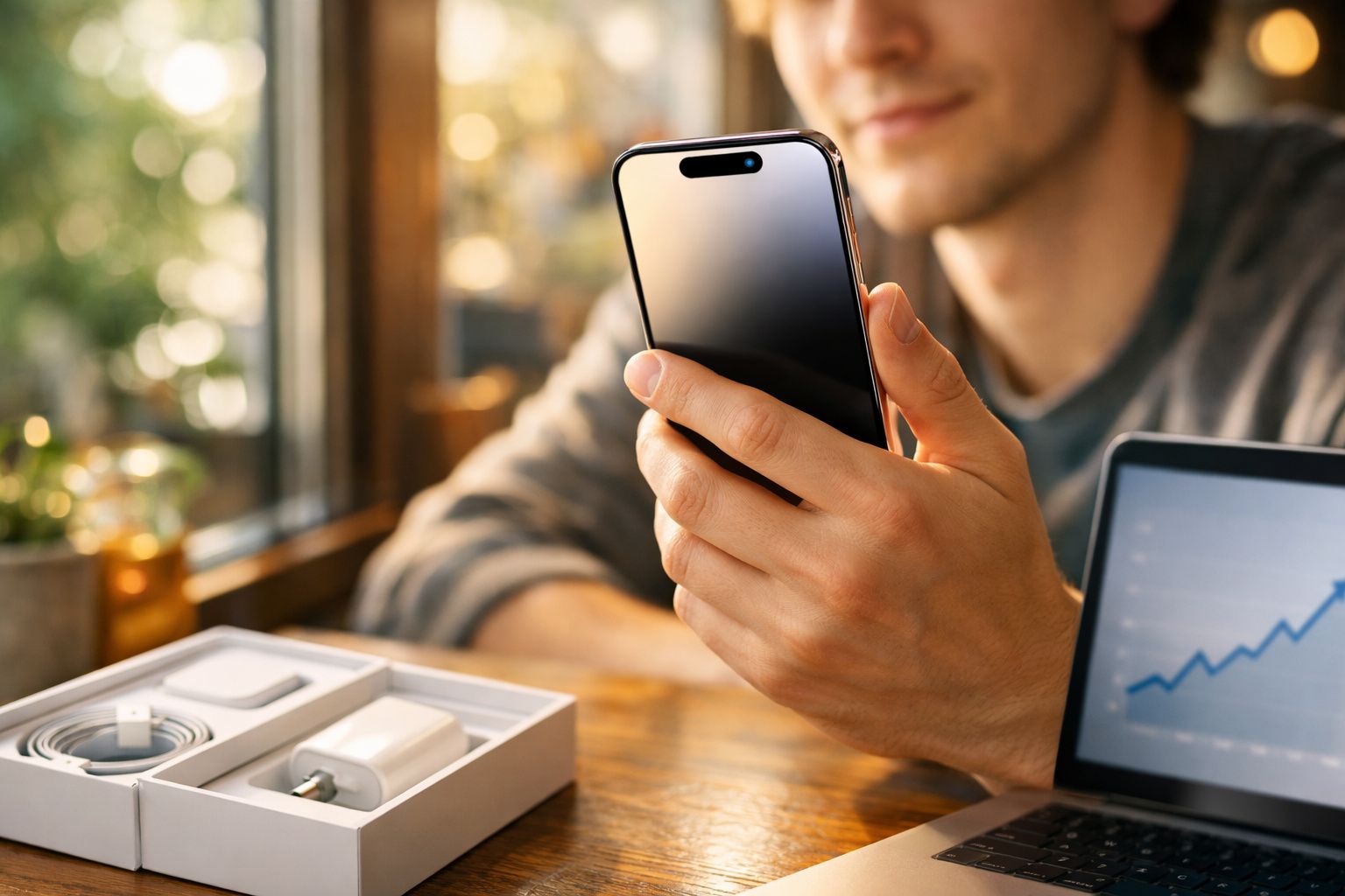 Pessoa segurando smartphone novo próximo de caixa e laptop com gráfico de crescimento na tela.