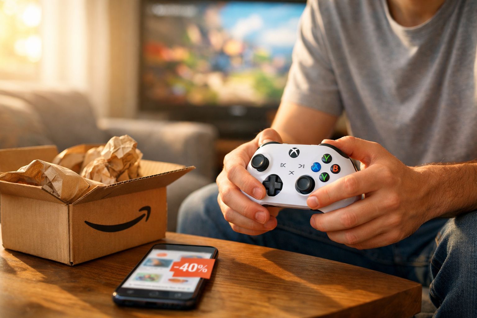 Pessoa segurando controle branco de videogame Xbox ao lado de caixa da Amazon e celular com desconto na tela.