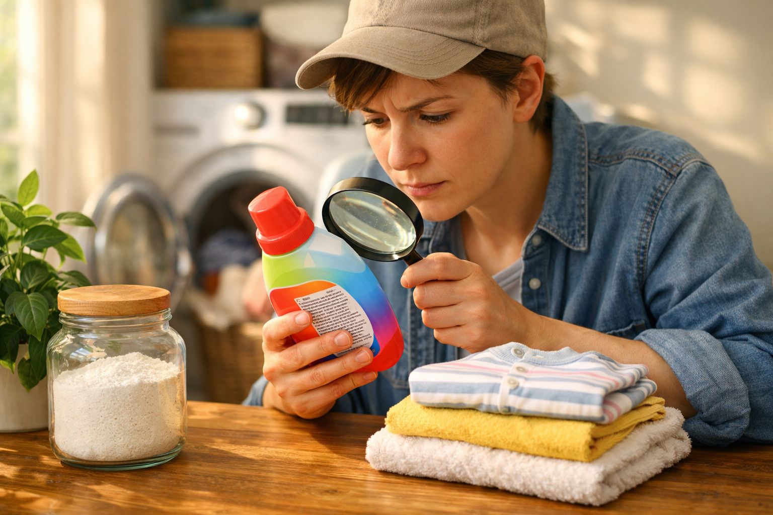 Mulher olhando rótulo de detergente com lupa, mesa com roupas dobradas e máquina de lavar ao fundo.