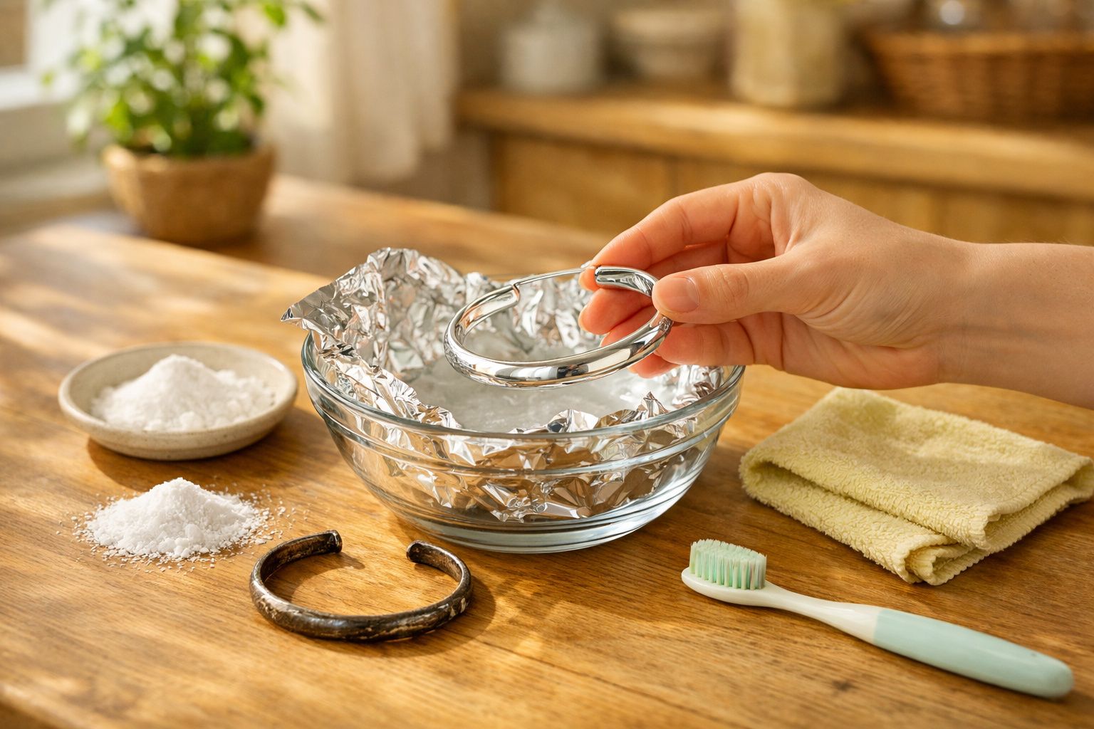 Mão segurando pulseira prateada para limpeza em pote com papel alumínio, escova, pano e produtos na mesa de madeira.