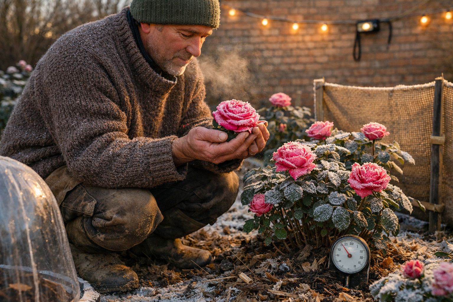 Homem com suéter e gorro observa flor rosa coberta de orvalho em jardim ao amanhecer.