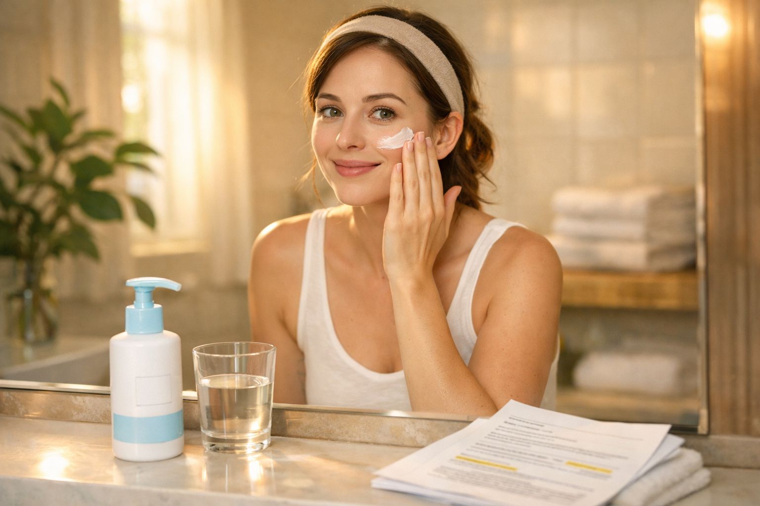 Mulher aplicando creme no rosto em banheiro iluminado, com garrafa e copo d'água à frente.