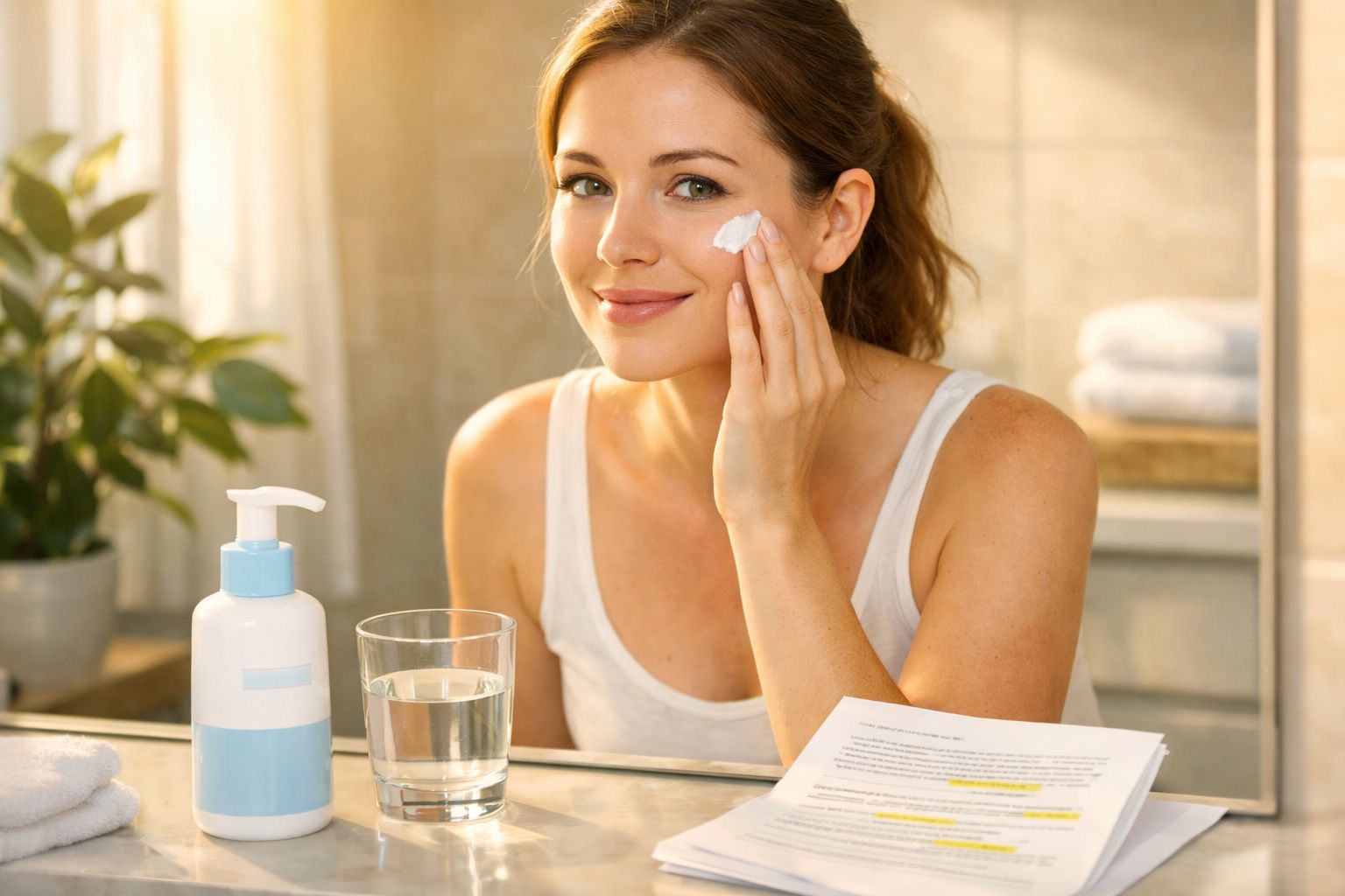 Mulher aplica creme no rosto sentada à mesa com copo d'água, plantas e livro à frente, sorrindo.