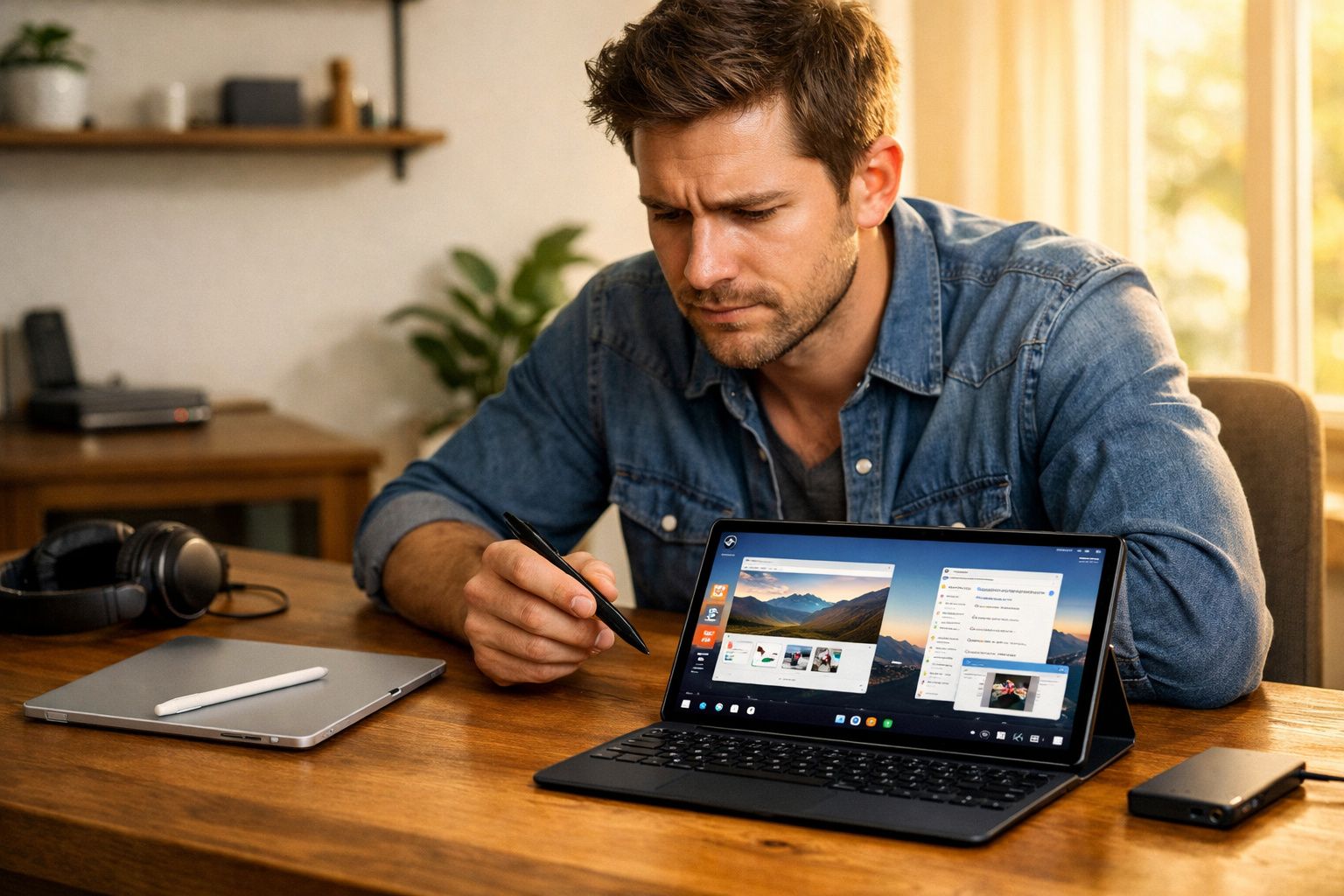 Homem sentado à mesa usando tablet com teclado e caneta digital em ambiente iluminado naturalmente.