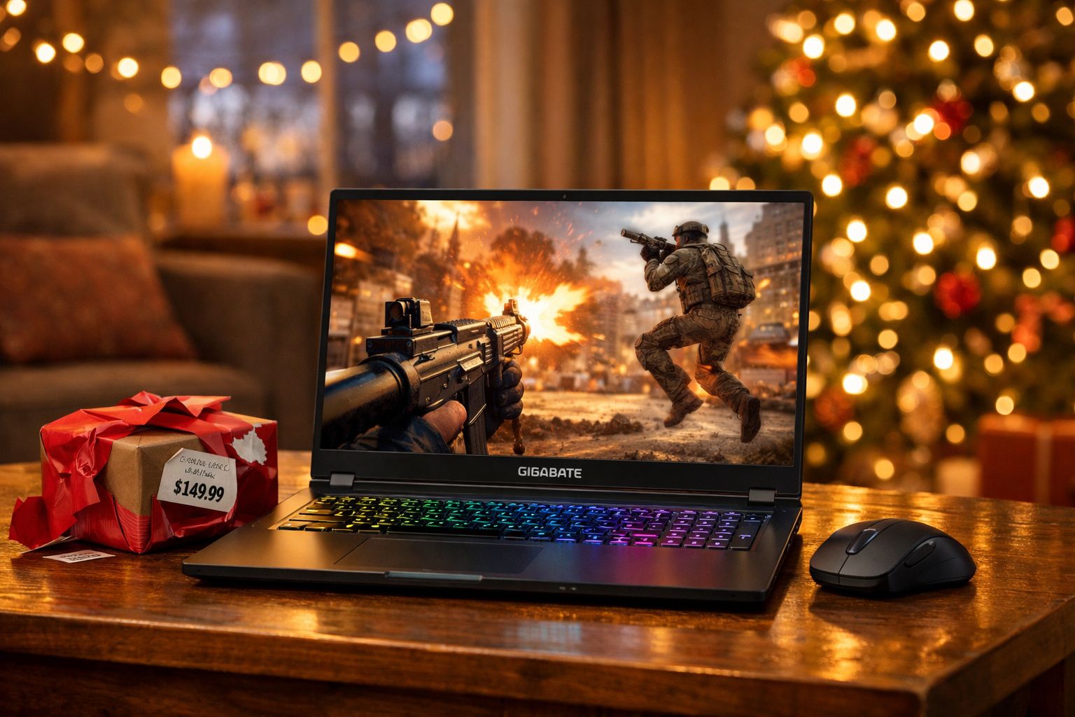 Notebook gamer com teclado colorido e jogo de tiro na tela ao lado de presente e mouse em mesa de madeira.